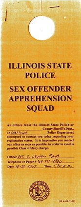 Notice hung on door knob of home of registered person in Illinois on Halloween