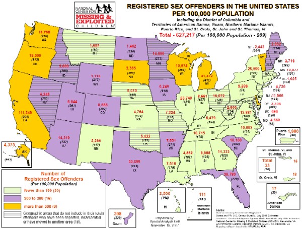NCMEC map of sex crime registries in the USA
